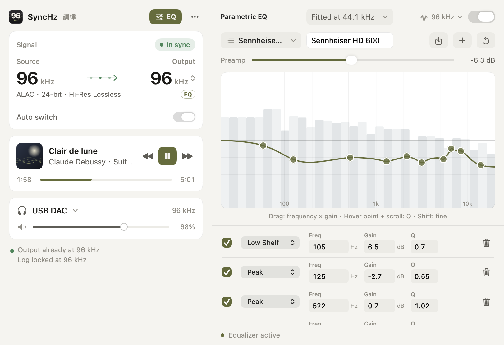 SyncHz's menu-bar panel next to its parametric EQ: Apple Music playing Clair de lune as 24-bit 96 kHz ALAC, the output locked to 96 kHz, and a Sennheiser HD 600 AutoEq preset drawn over a live spectrum